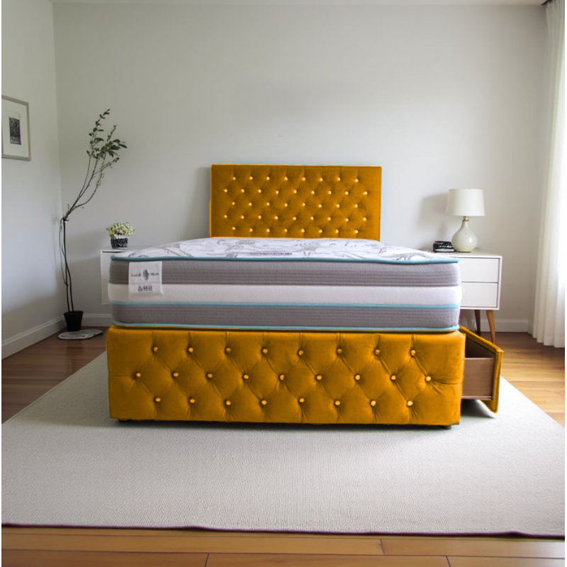 Upholstered Divan Bed with Mattress, Small Double (4'), Mustard