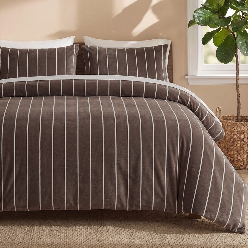 Ensemble d'édredon à rayures brunes de grande taille, ensemble de literie en molleton velours ultra doux et moelleux, motif à rayures classique sur mesure, ensemble de 3 pièces rustiques confortables pour toutes les saisons