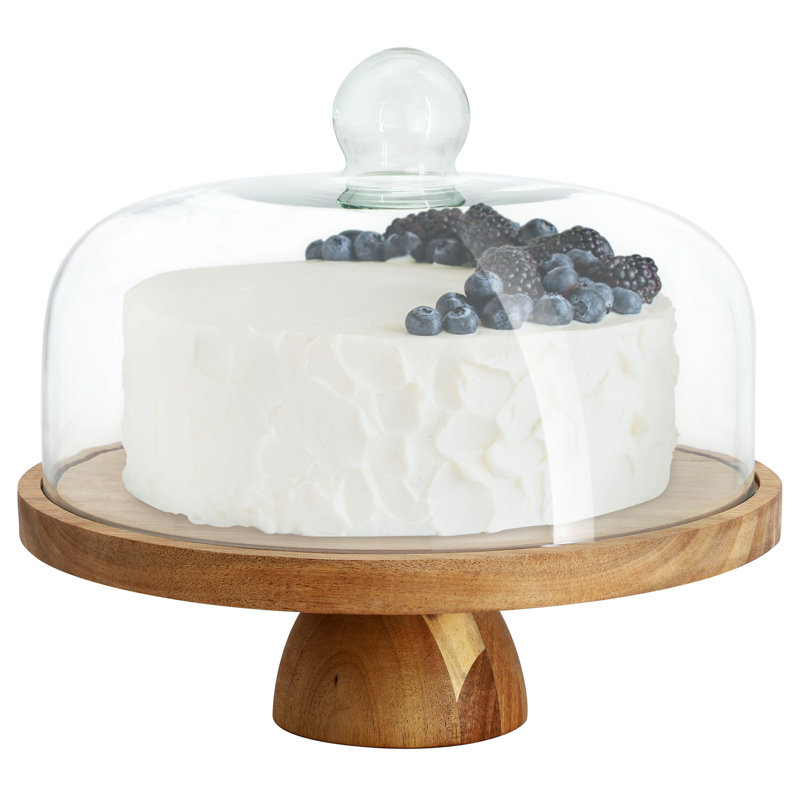 Plateau de service de gâteau réversible sur pied en bois d'acacia avec dôme en verre