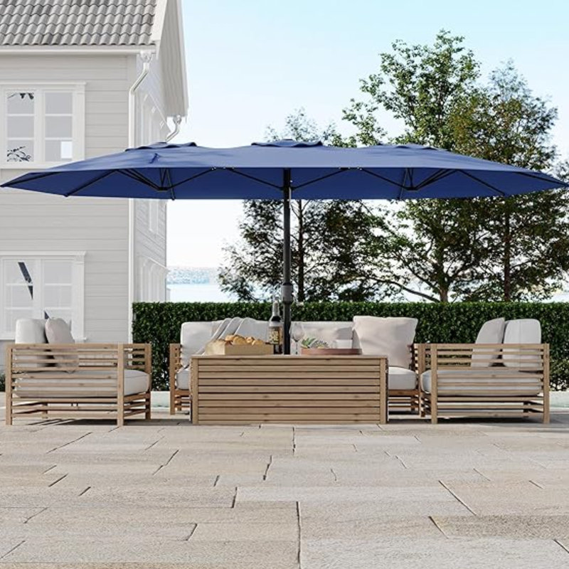Très grand parasol à double face pour patio - Parasol de marché extérieur rectangulaire de 15 pi (base non incluse) - Parasol double pour piscine, pelouse et jardin - Bleu