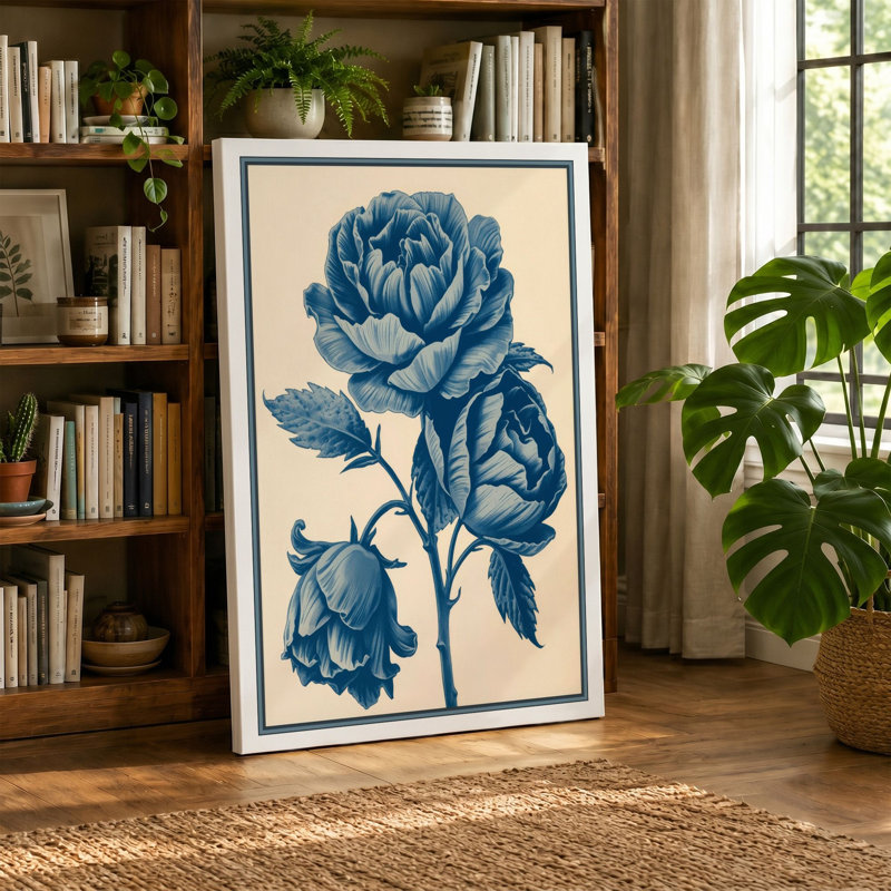 Rose in Blue Botanical - Wrapped Canvas, 24x16 - 61.0 x 40.6 cm, Cream Border
