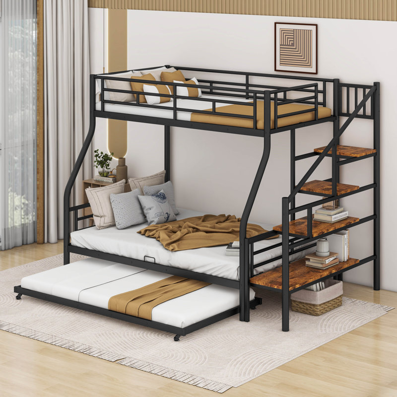 Lit superposé simple au dessus d'un futon en métal avec lit gigogne, Noir