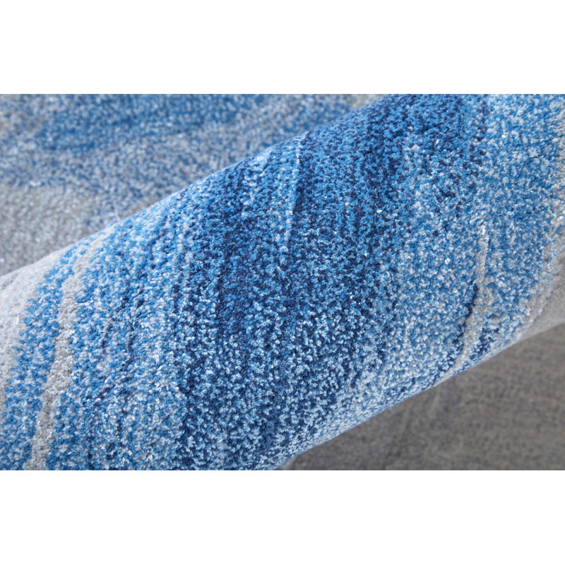 Kawai Hand Knotted Wool/Viscose Abstract Area Rug in Blue, Rectangle 5' x 8'