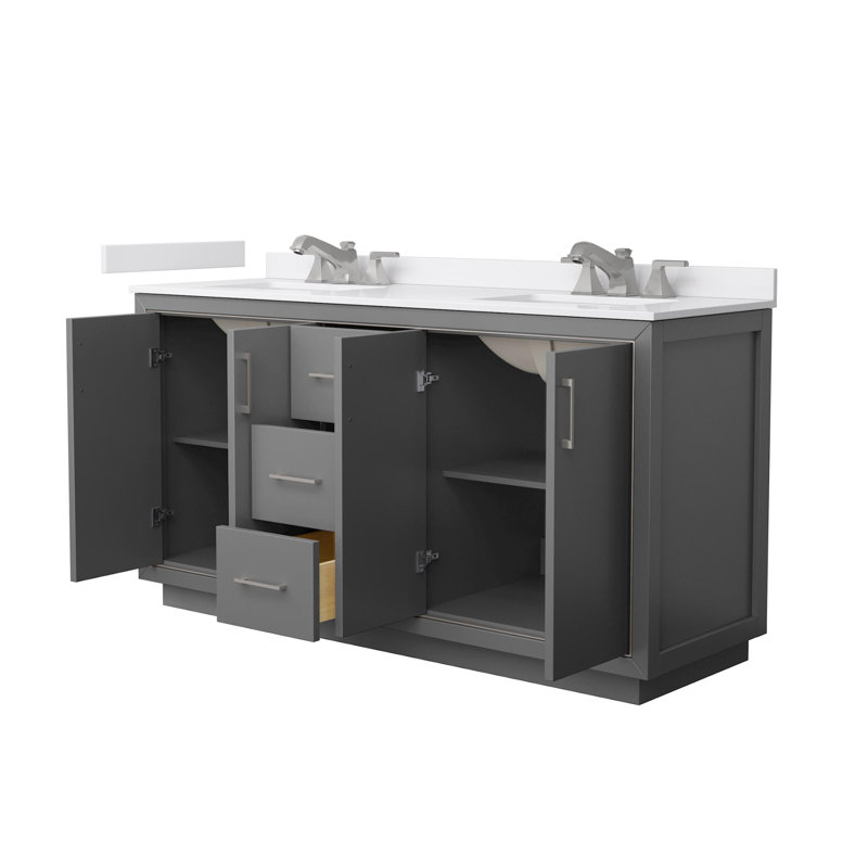 Icon 66" Freestanding Double Bathroom Vanity with Cultured Marble Top, Gray, Brushed Nickel