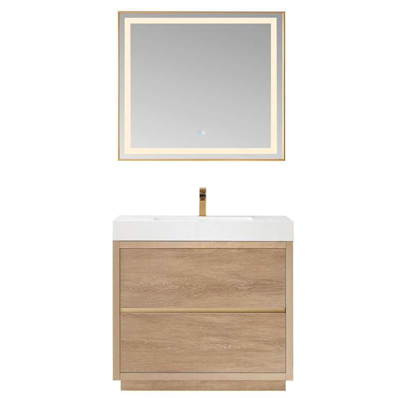 Beira Single Bathroom Vanity with Composite Top, North American Oak, White, 36"