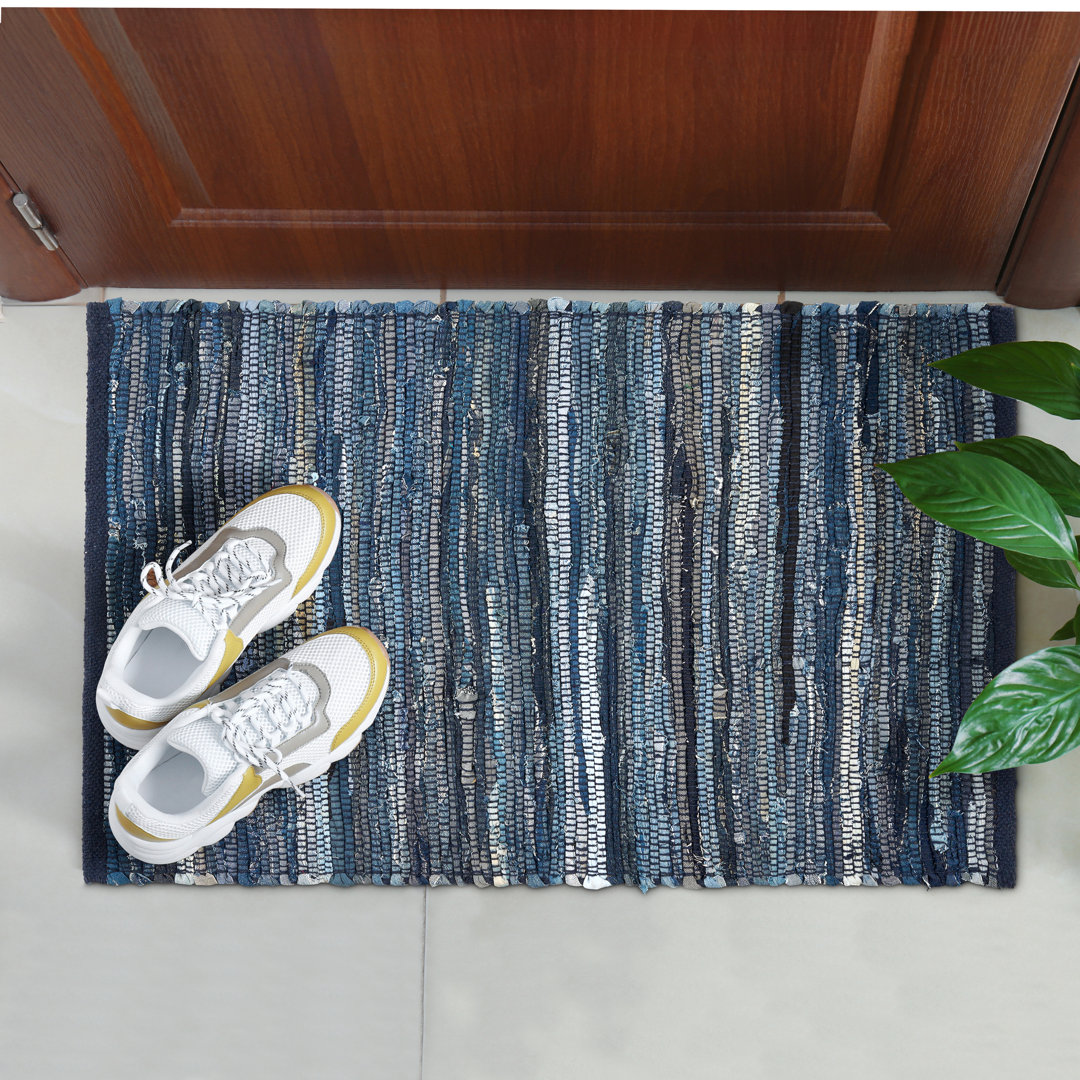 Carota Striped Handmade Hand Tufted Rectangle 120cm x 180cm Cotton Area Rug in Denim