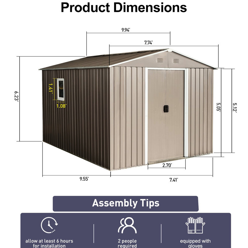 Remise de fondation en métal 8 pi x 10 pi, structure en fer galvanisé gris, fenêtre, évents perforés pour une circulation d'air améliorée, portes coulissantes et cadenas