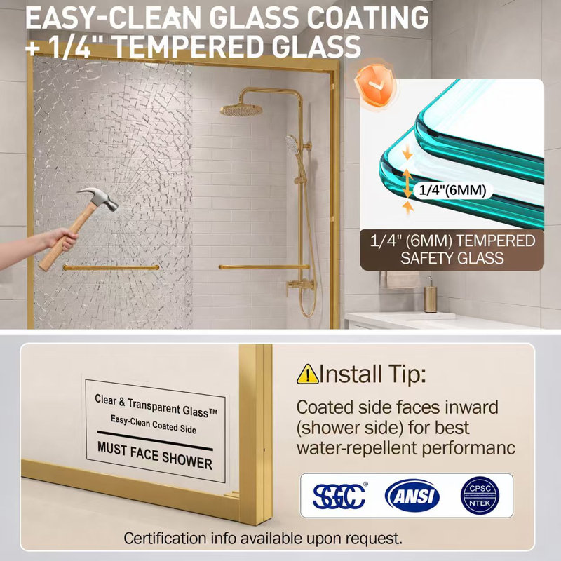 56" - 60" W x 72" H Double Sliding Framed Shower Door with 1/4-in (6mm) Tempered Glass and Quiet Rollers, 56"-60" W