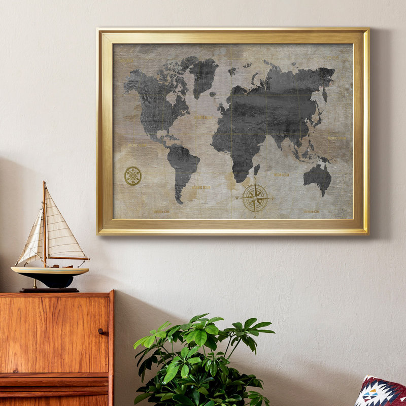 Carte du monde modélisée, toile encadrée de qualité supérieure - prête à être accrochée, H 26,5 po x l 36,5 po x P 1 po, Or