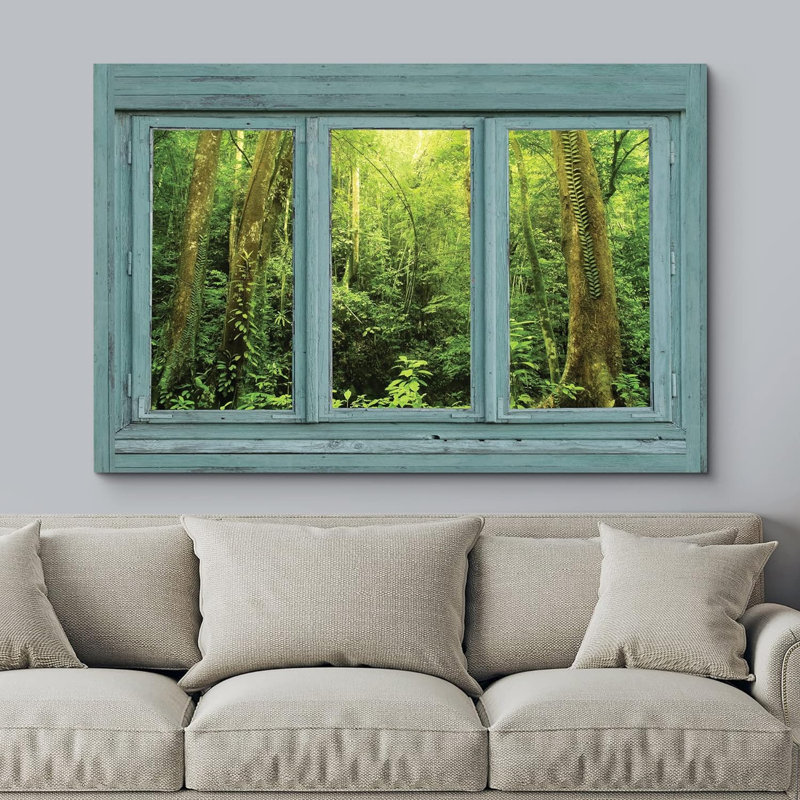 "Fenêtre rétro bleu sarcelle donnant sur une jungle verte" sur toile, H 24 po x l 36 po