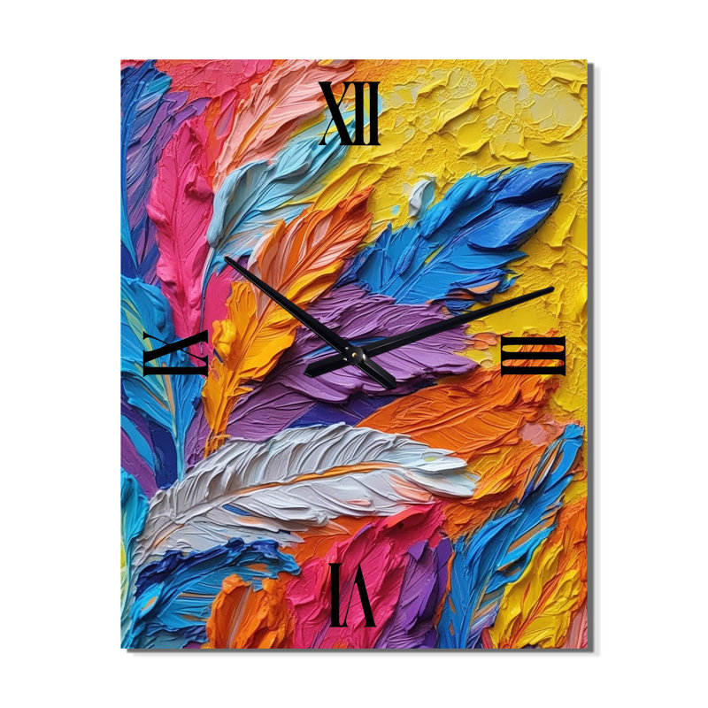 Peinture brute de plumes colorées - horloge murale surdimensionnée, Très grand