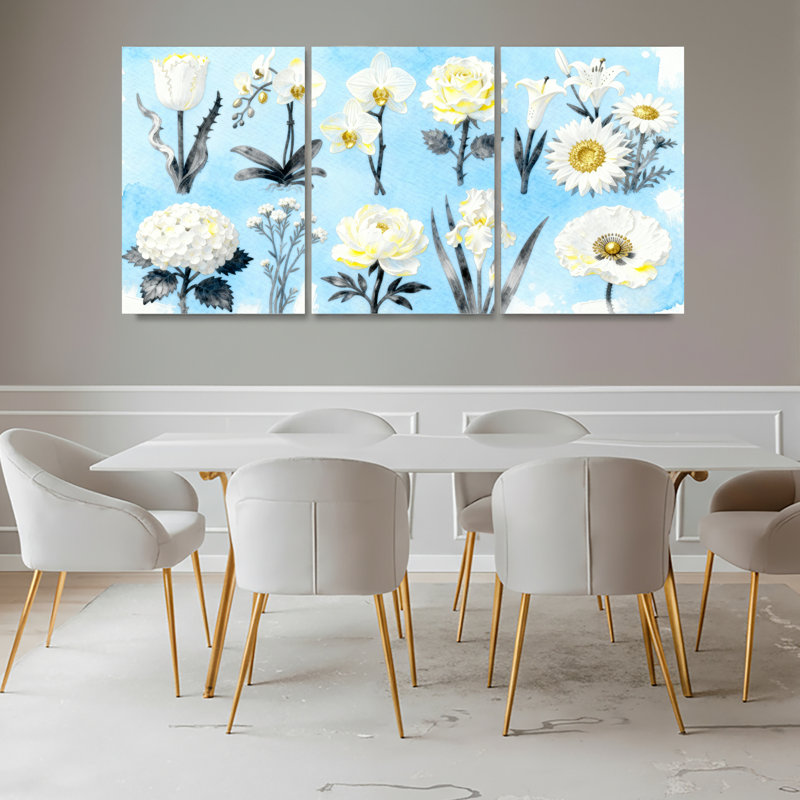 Aquarelle sur toile blanche blanche, ensemble de 3 reproductions botaniques, H 18 po x l 36 po