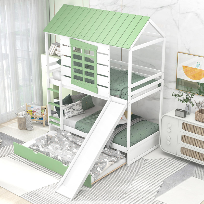 Lit superposé simple au-dessus de simple avec glissière convertible et lit gigogne, blanc et vert