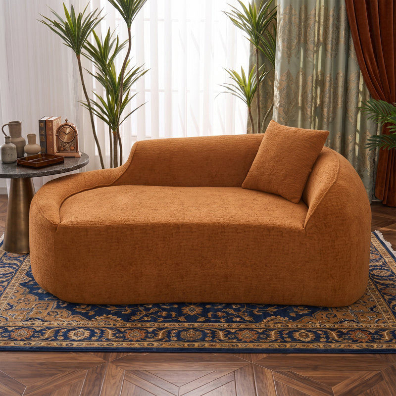 Chaise longue incurvée en chenille de 173 cm, canapé-lit d'intérieur rembourré et doux pour le salon, blanc laiteux, Orange