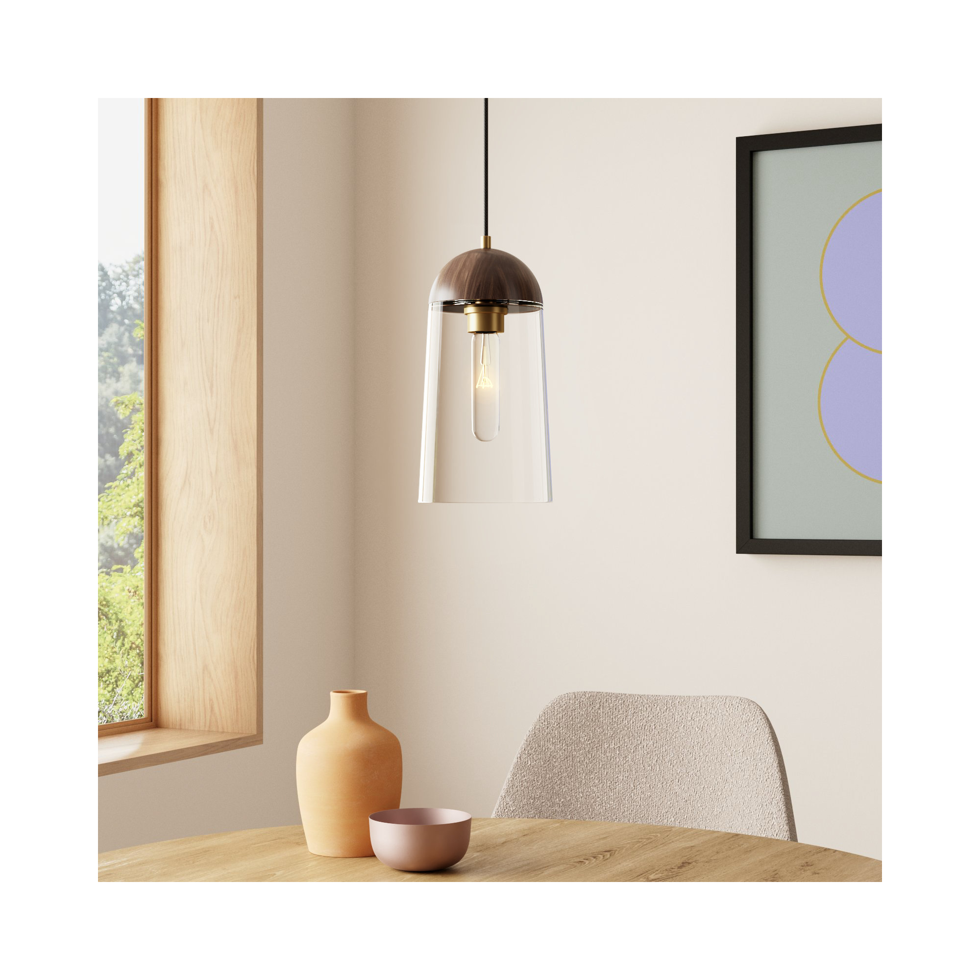 Tabitha Single Light Clear Glass Dimmable Pendant, Aged Gold/Walnut, Walnut
