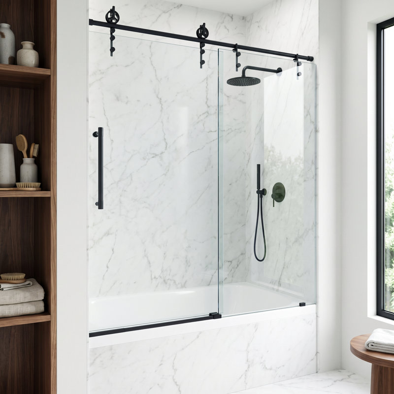 Porte de baignoire coulissante sans cadre avec verre transparent 3/8 po l 56-60 po x H 68 po Hamilton, Noir mat