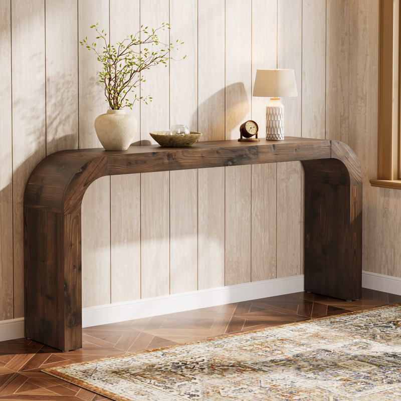 71" Solid Wood Curved Console Table for Entryway or Behind Sofa – Natural Finish, Dark Brown