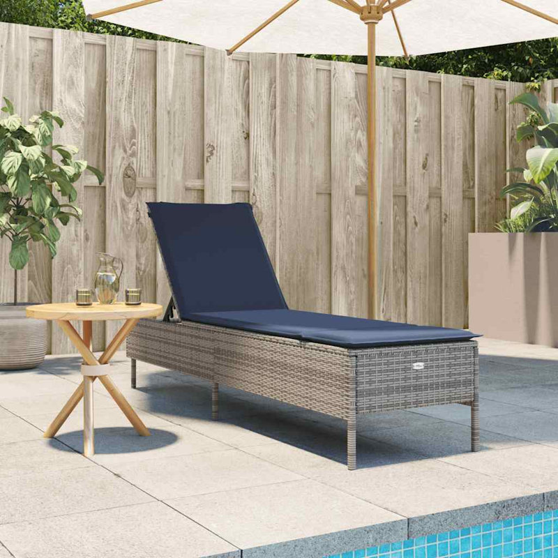  Patio Sun Lounger Gray PE Rattan Standard Height-Adjustable, Gray, Navy Blue