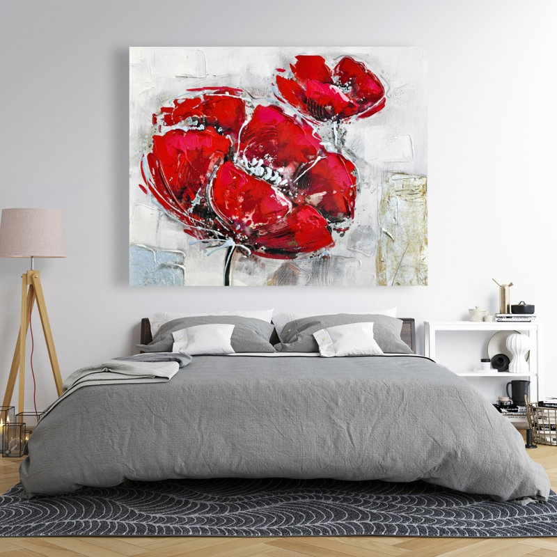 Toile abstraite texturée à fleurs rouges | Décoration intérieure, H 60 po x l 48 po
