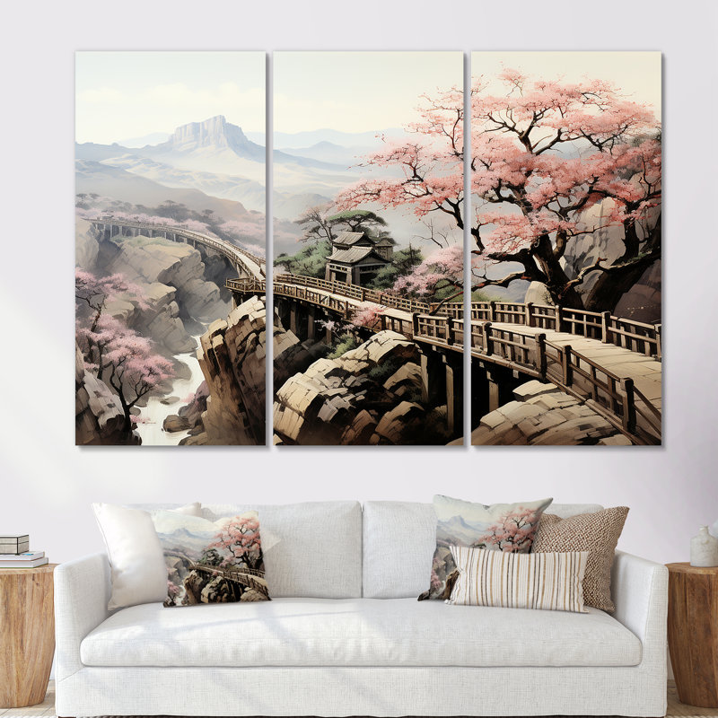 Rose, paysage floral japonais, paysage II, Toile tendue, H 32 po x l 48 po x P 1 po