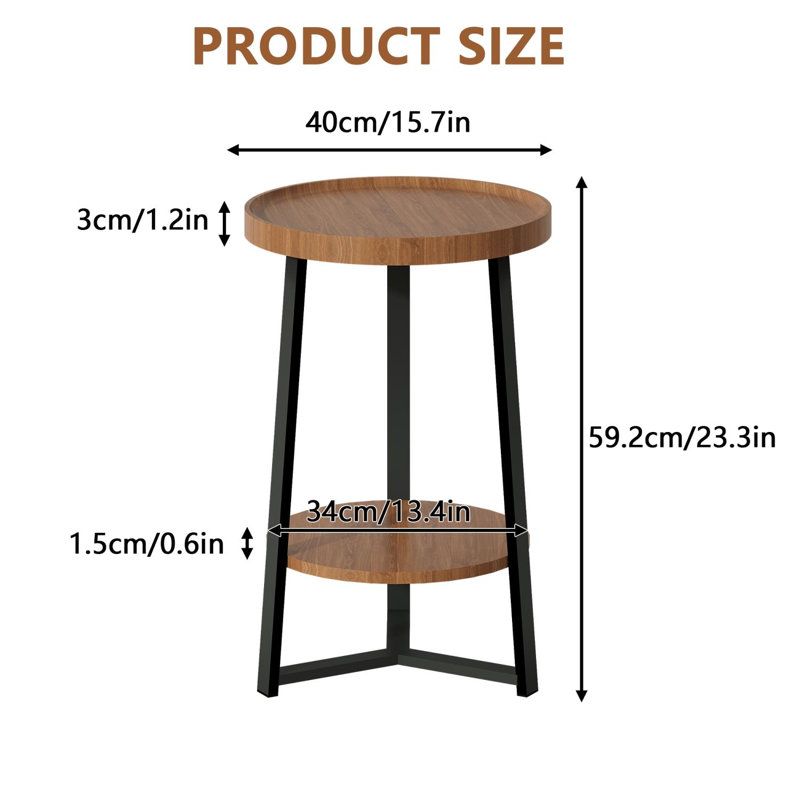 Table de bout ronde à 2 niveaux avec tablette de rangement ouverte