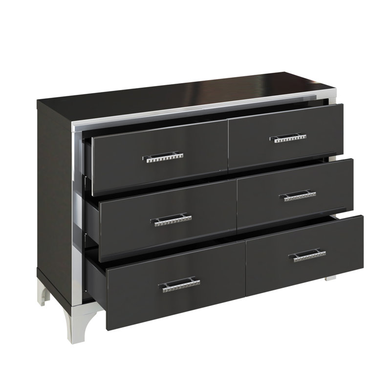 Elegant High Gloss Dresser with 6 Drawers and Metal Handle, Black/Silver