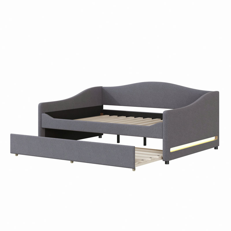 Upholstered Daybed With Light And Trundle, Gray, Full/Double