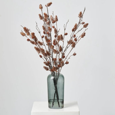Lifelike Snow Dusted Pinecone Branch in Smoke Glass Vase Winter Water illusion Centerpiece Arrangement
