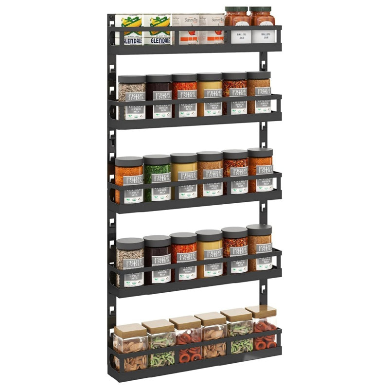 Petit support à épices mural à 5 niveaux, réglable en hauteur, compact et compact pour armoire de cuisine, noir