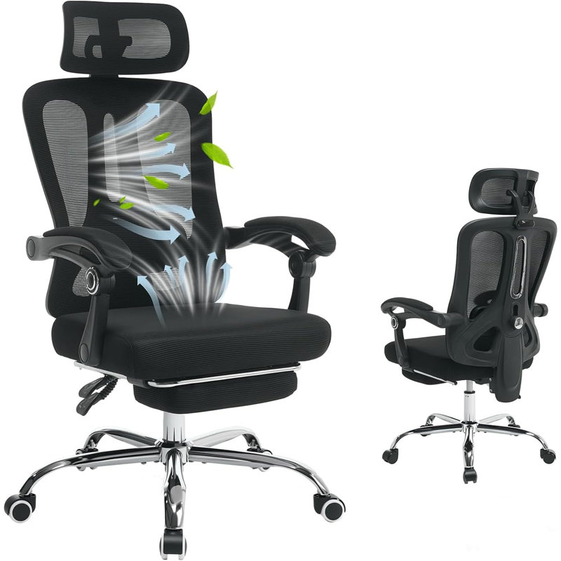 Ergonomic Mesh Office Chair with Footrest - High-Back Swivel Desk Chair with Headrest & Adjustable Lumbar Support for Home, Office, Gaming (Black)