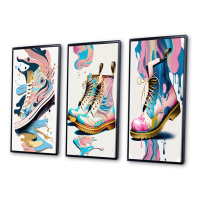 " Pink And Blue Art Deco Sneaker Shoe " 3 - Pieces on Canvas