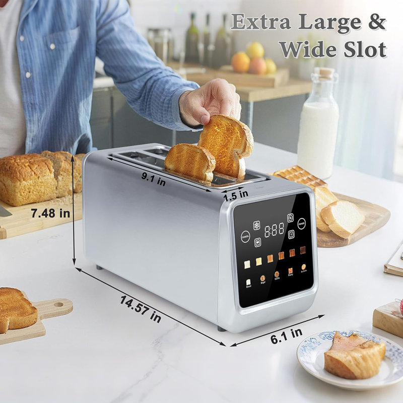Long Slot Toaster, 4-Slice, with Touch Screen LED Display. Features 1.5-inch extra-wide slots for thick bread and bagels, a countdown timer, memory function, dual independent controls, and 6 shade settings. Constructed with stainless steel.