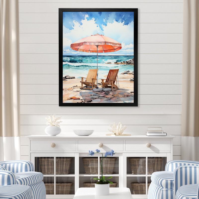 «Vintage Beach Chairs Scenery I», reproduction sur toile, Cadre photo noir, H 20 po x l 12 po x P 1 po
