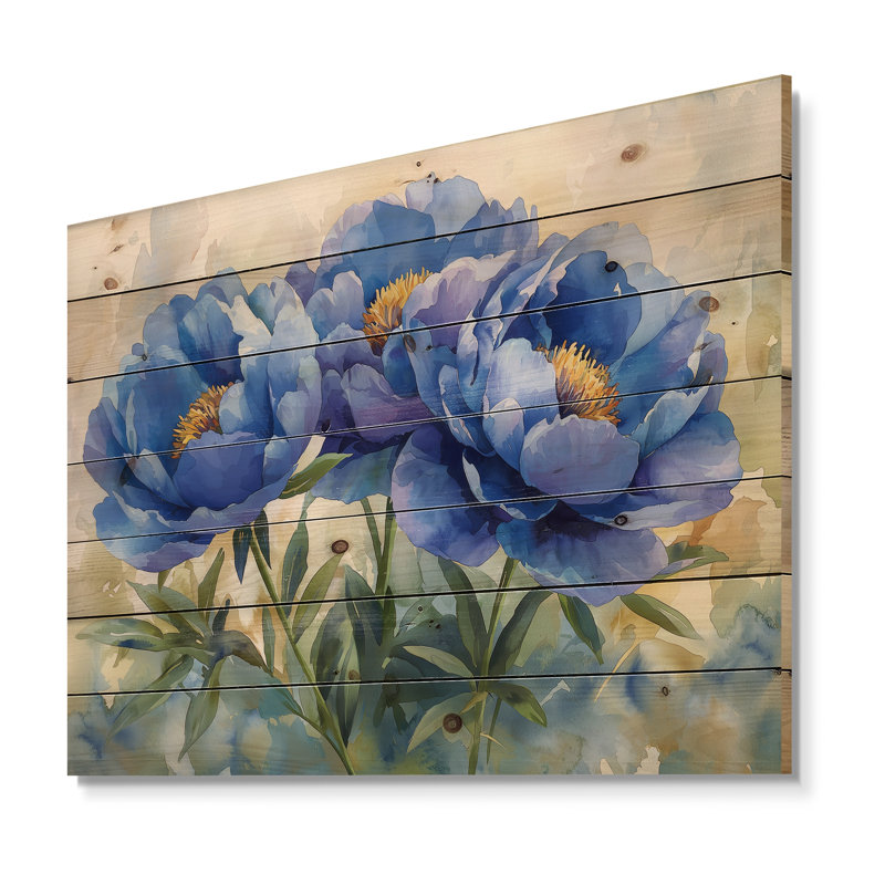 Pivoines bleues dans la prairie II - Décoration murale en bois de pivoines - sur bois de pin naturel