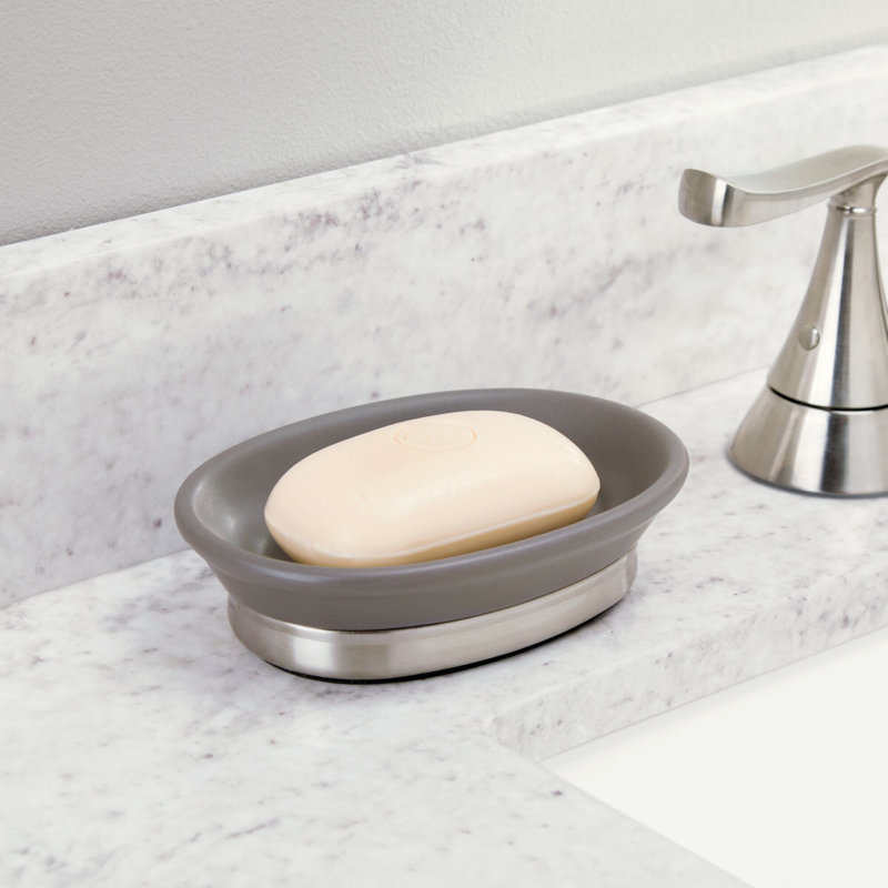 iDesign Ceramic Soap Dish for Bathroom Sink - Matte Grey/Brushed, Matte Grey/Brushed Nickel