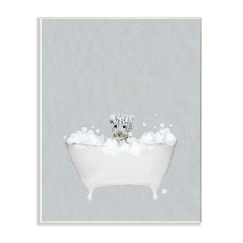 «White Tiger Blue Bath Cute Animal» par Leah Straatsma - impression d'art graphique, Plaque murale, H 19 po x l 13 po