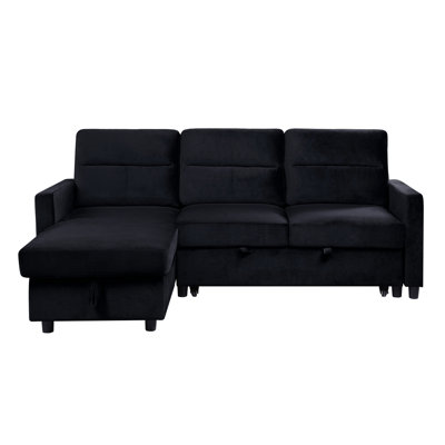 Canapé-lit modulaire en velours noir avec méridienne de rangement et poche latérale pratique réversible