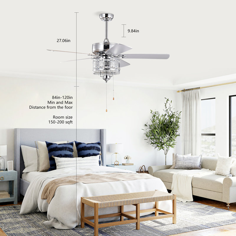 Ventilateur de plafond 52 po 5 pales réversibles en cristal classique pour salon, salle à manger, chambre à coucher, salle familiale, chrome (chaîne à tirer à la main)