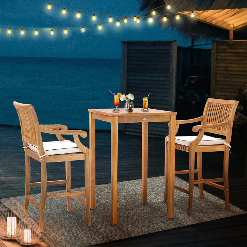 Ensemble de bar bistro en bois de teck 3 pièces avec table de bar 27 po et 2 tabourets avec accoudoirs