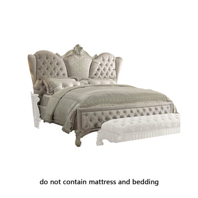 Bone White Upholstered King Bed with Carved Wood Frame