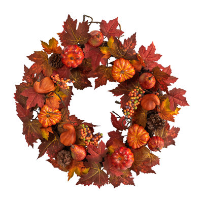 Maple Leaves, Pumpkin, Pinecone and Berries Wreath