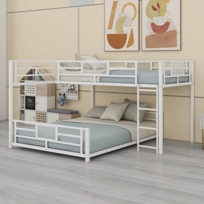 Lits superposés robustes pour lit simple au-dessus d'un lit double en L avec garde-corps et échelle
