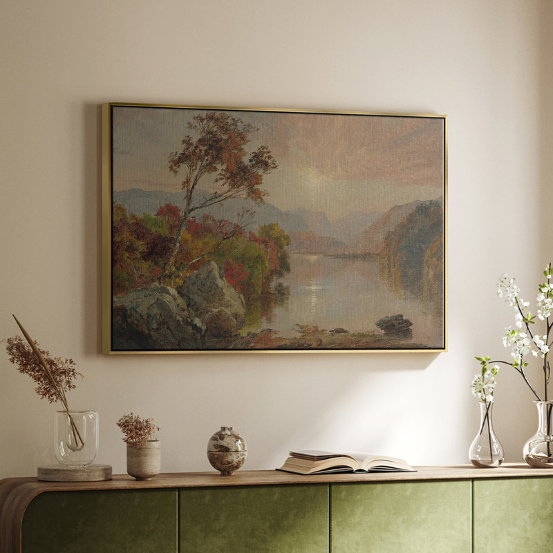 Paysage rétro - DCXII, Toile avec cadre flottant or, H 17 po x l 25 po x P 2 po