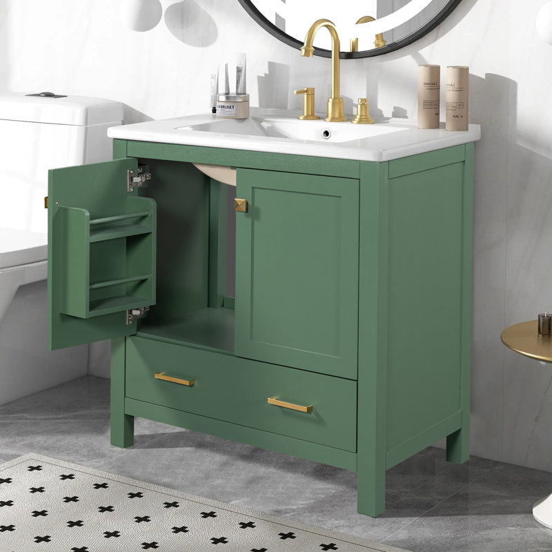 Meuble-lavabo simple autoportant de 30 po avec plateau en céramique, Vert