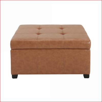 Ottoman with Storage, Cognac Brown Faux Leather Tufted – Entryway/Bedroom | Wood