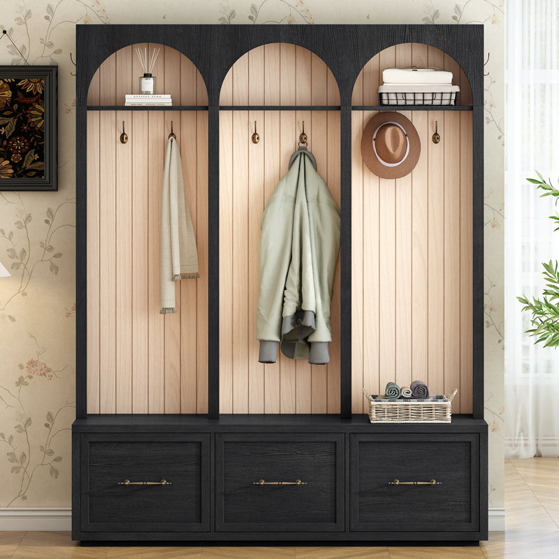 Wooden Hall Tree With 3 Drawers And 8 Hooks, Black