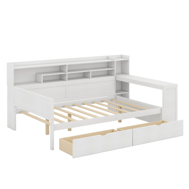 Lit de jour double avec tablettes de rangement, bureau intégré et 2 tiroirs sous le lit, cadre de lit en bois, sommier non requis