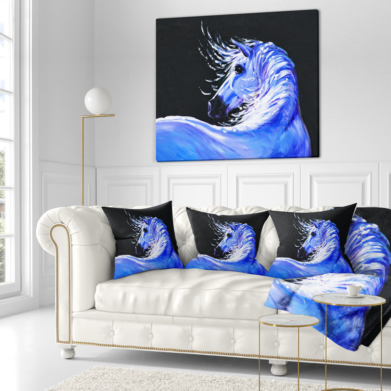 Art en acrylique «Blue Horse» - coussin imprimé animal, 16 po x 1 po, Coussin décoratif