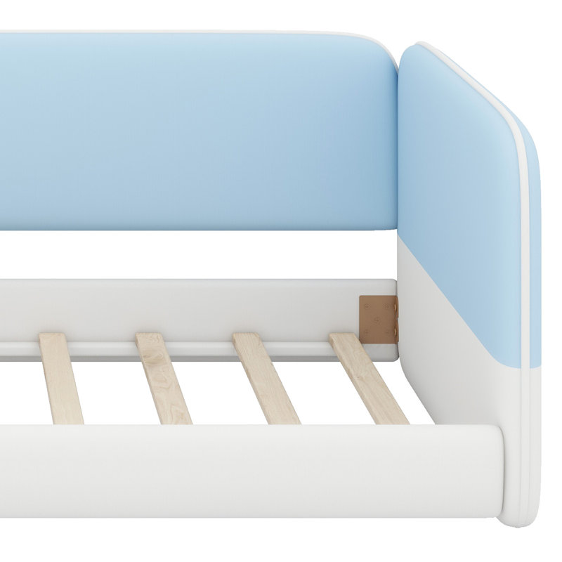 Structure de lit sécuritaire et confortable conçue avec une tête de lit tapissier et une base plateforme à profil bas, Blue