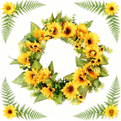 Couronne de tournesol de 17 pouces pour la porte d'entrée, couronne de fleurs artificielles faites à la main pour décoration intérieure, maison de campagne, mur intérieur extérieur et mariage